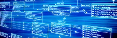 Blue graphic of relational database diagrams